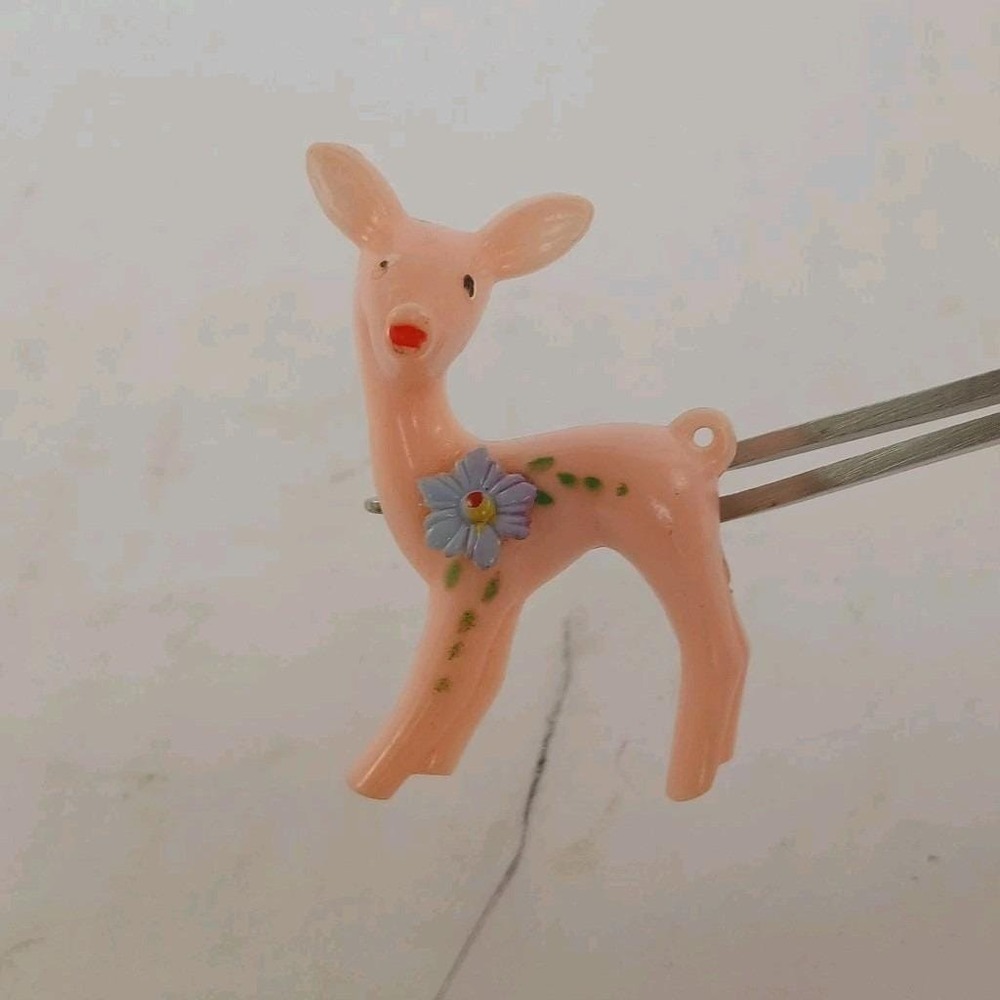 Vintage Celluloid Plastic Pink Deer Brooch Pin Fawn Doe Kitschy Flower
